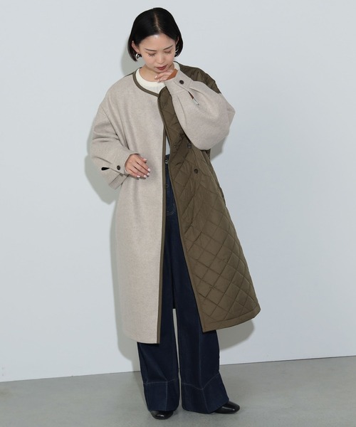 BEAMS HEART（ビームスハート）の「配色 キルティングコート（ノーカラーコート・レディース・ブラック/オリーブ/ブラウン・FREE）」の4枚目の写真