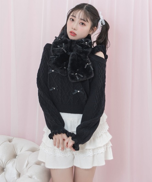 Honey Cinnamon(ハニーシナモン)の「Bijou ribbonリボンマフラー(マフラー・レディース・ピンク/ホワイト/ブラック・FREE)」の5枚目の写真