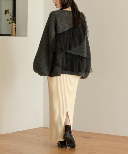 hinari（ヒナリ）の「チュールフリルニット（ニット/セーター・レディース・チャコールグレー/アイボリー/グリーン・FREE）」の8枚目の写真