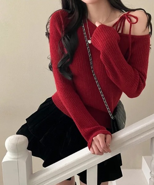 セール】肩開き リボンニット アシンメトリー リボン リブニット