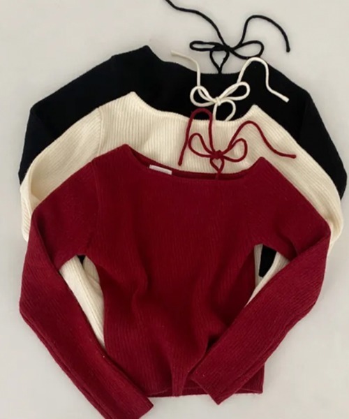 VIVID LADY（ビビッドレディー）の「肩開き リボンニット アシンメトリー リボン リブニット バレエコア（ニット/セーター・レディース・アイボリー/ブラック/レッド・FREE）」の22枚目の写真