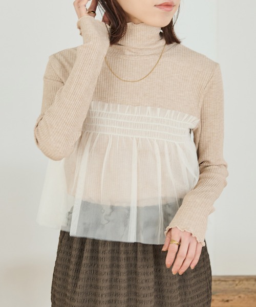 Crisp(クリスプ)の「チュールレイヤードハイネックリブTシャツ(Tシャツ/カットソー・レディース・グレー/ベージュ・FREE)」の2枚目の写真