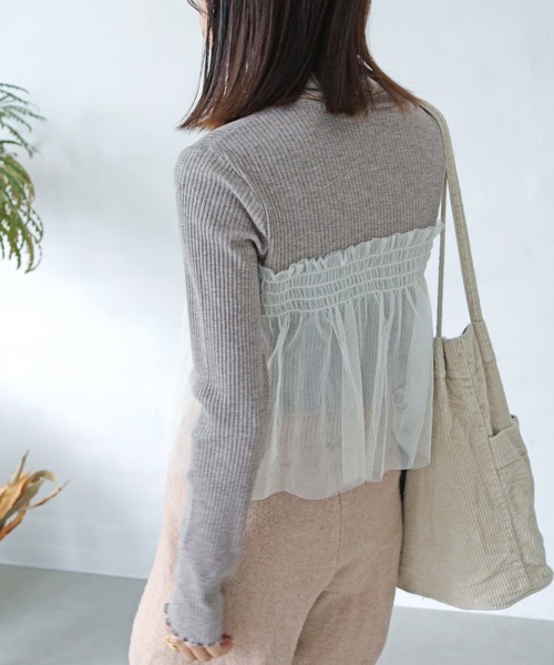 Crisp(クリスプ)の「チュールレイヤードハイネックリブTシャツ(Tシャツ/カットソー・レディース・グレー/ベージュ・FREE)」の5枚目の写真