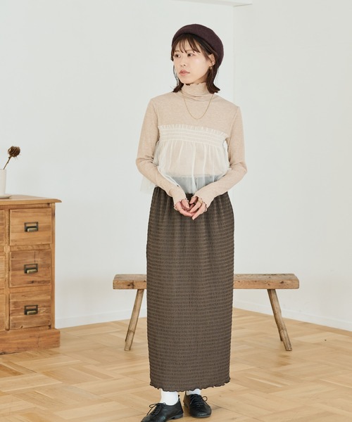 Crisp(クリスプ)の「チュールレイヤードハイネックリブTシャツ(Tシャツ/カットソー・レディース・グレー/ベージュ・FREE)」の7枚目の写真