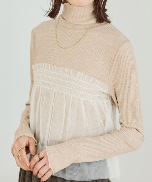 Crisp(クリスプ)の「チュールレイヤードハイネックリブTシャツ(Tシャツ/カットソー・レディース・グレー/ベージュ・FREE)」の10枚目の写真