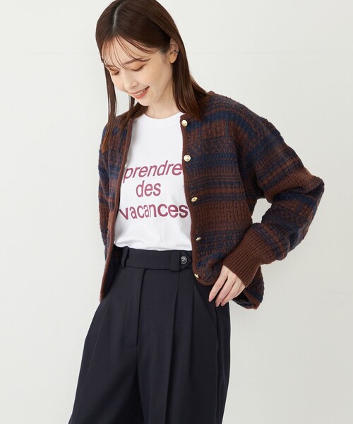 SHIPS Colors(シップス カラーズ)の「SHIPS Colors: 〈手洗い可能〉ジャカード ノーカラー ニット ジャケット(カーディガン/ボレロ・レディース・ブラウン/オフホワイト・ONE SIZE)」の2枚目の写真