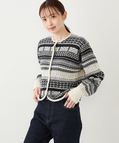 SHIPS Colors(シップス カラーズ)の「SHIPS Colors: 〈手洗い可能〉ジャカード ノーカラー ニット ジャケット(カーディガン/ボレロ・レディース・ブラウン/オフホワイト・ONE SIZE)」の18枚目の写真