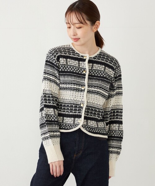 SHIPS Colors(シップス カラーズ)の「SHIPS Colors: 〈手洗い可能〉ジャカード ノーカラー ニット ジャケット(カーディガン/ボレロ・レディース・ブラウン/オフホワイト・ONE SIZE)」の19枚目の写真