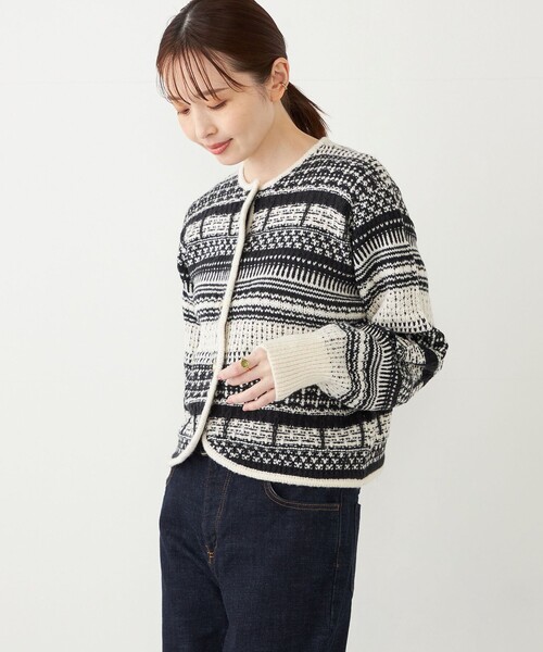 SHIPS Colors(シップス カラーズ)の「SHIPS Colors: 〈手洗い可能〉ジャカード ノーカラー ニット ジャケット(カーディガン/ボレロ・レディース・ブラウン/オフホワイト・ONE SIZE)」の20枚目の写真