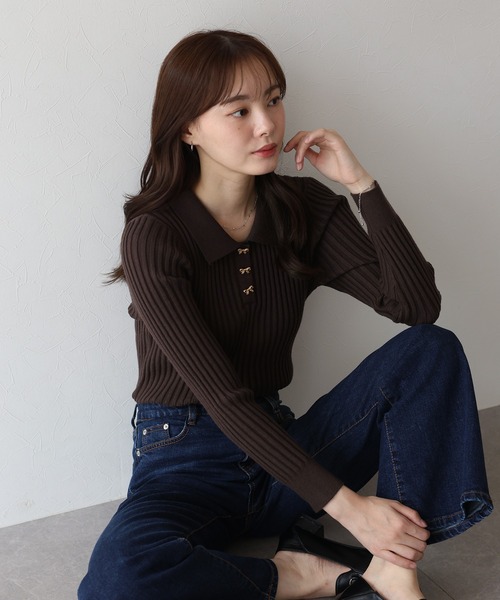 リボンボタンポロ衿ニット（ニット/セーター）｜BLUEEAST（ブルー