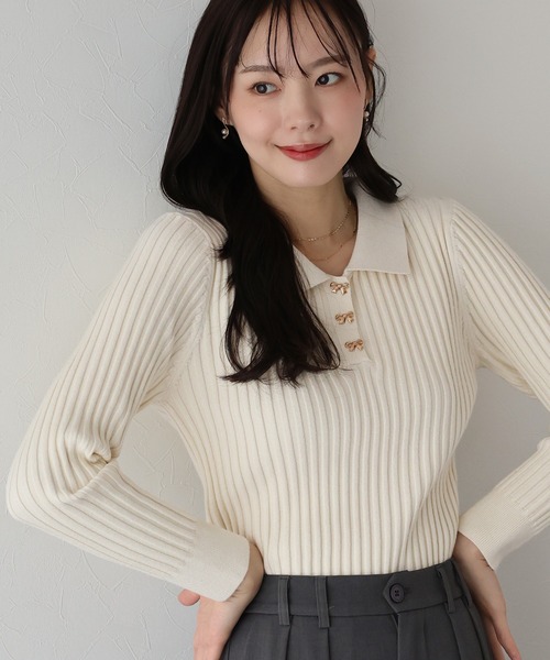 リボンボタンポロ衿ニット（ニット/セーター）｜BLUEEAST（ブルー