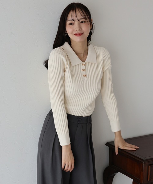 リボンボタンポロ衿ニット（ニット/セーター）｜BLUEEAST（ブルー