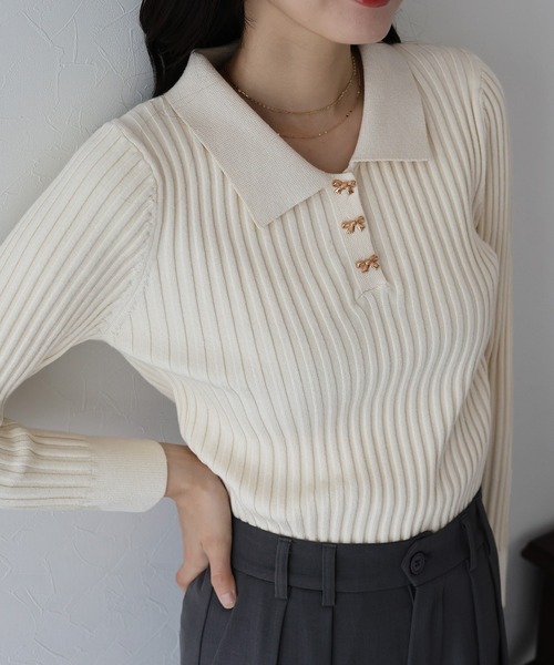 BLUEEAST（ブルーイースト）の「リボンボタンポロ衿ニット（ニット