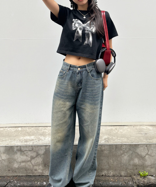 Ada.(エイダ)の「リボンプリント クロップド ショート丈 半袖Tシャツ(Tシャツ/カットソー・レディース・ブラック/サックスブルー/オートミール・FREE)」の10枚目の写真