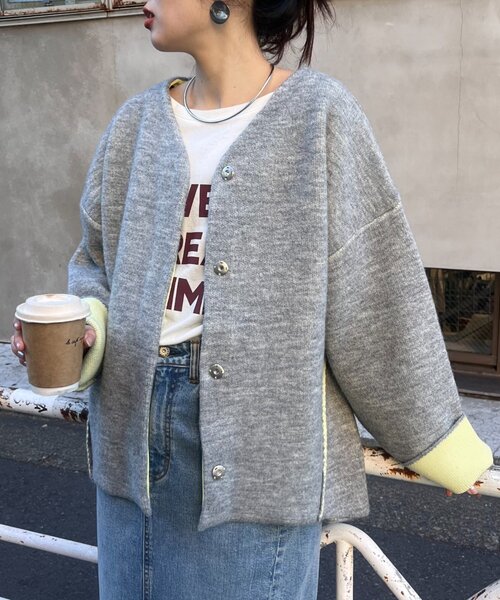 セール】リバーシブル配色ヤクライクニットジャケット
