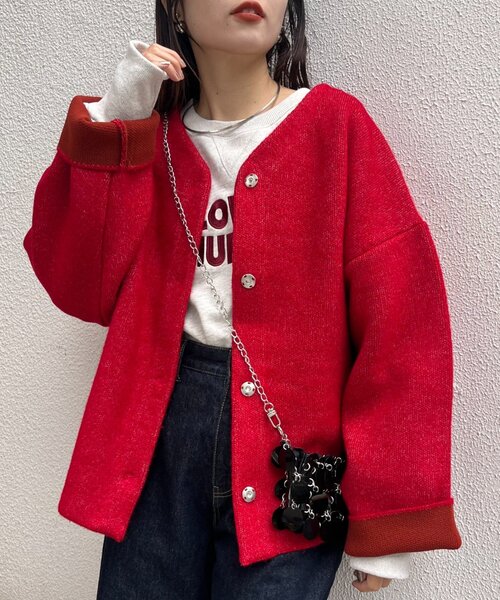 45R ニットジャケット ヘリンボーン 2 赤 45R ニットジャケット ヘリンボーン 2 赤