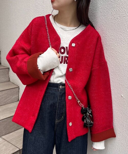 CIAOPANIC TYPY（チャオパニックティピー）の「リバーシブル配色ヤクライクニットジャケット（カーディガン/ボレロ・レディース・ブラウン/レッド/グレー/チャコールグレー・ONE SIZE）」の22枚目の写真