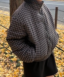 【ユニセックス】チェック柄ショート丈中綿ブルゾン
