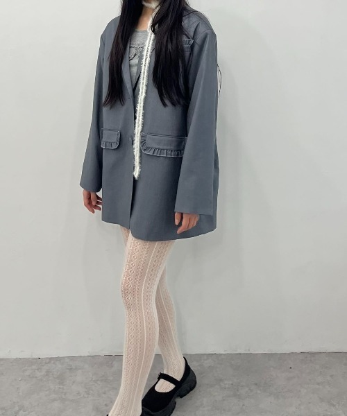 hugi（ハギ）の「OVER FRILL  JACKET/オーバーフリルジャケット（テーラードジャケット・レディース・チャコール/ブラウン/ネイビー・FREE）」の5枚目の写真