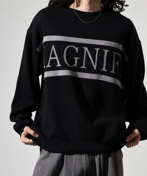 SUGGESTION(サジェッション)の「Double jacquard crew neck knit / ダブルジャガードLOGO×LINEクルーネックニット unisex(ニット/セーター・メンズ・グリーン/オフホワイト/ブラック・L/M)」の1枚目の写真