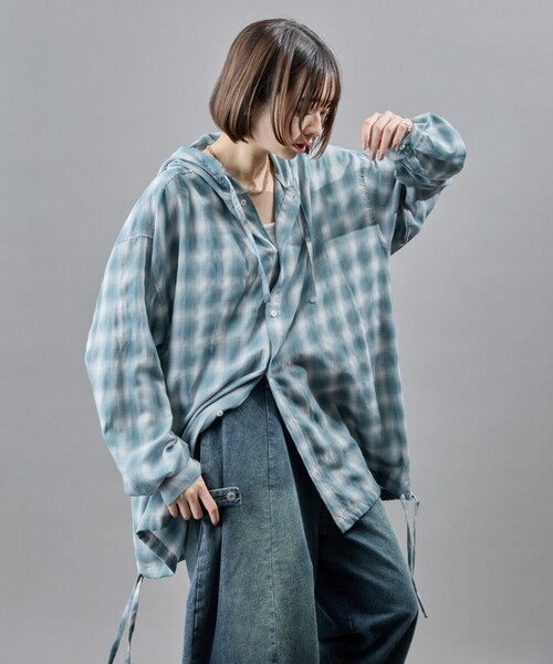 PUBLUX（パブリュクス）の「PUBLUX/パブリュクス オンブレチェックフーディーシャツ(限定展開)（シャツ/ブラウス・メンズ・グリーン/グレー/ブラック・LARGE/MEDIUM/SMALL）」の13枚目の写真