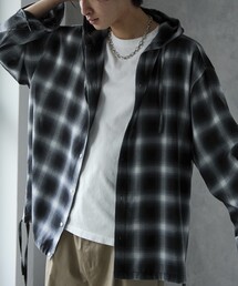 PUBLUX/パブリュクス オンブレチェックフーディーシャツ(限定展開)