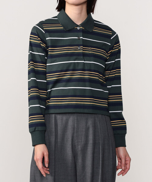 年末のプロモーション INSCRIRE | ボーダー ショート丈 長袖ポロシャツ WOMEN トップス