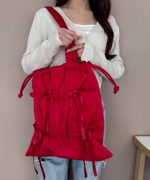 WEGO（ウィゴー）の「WEGO/ドロストリボンギャザートート（トートバッグ・レディース・スカイブルー/ブラック/ホワイト/レッド/ブラック系その他・FREE）」の5枚目の写真