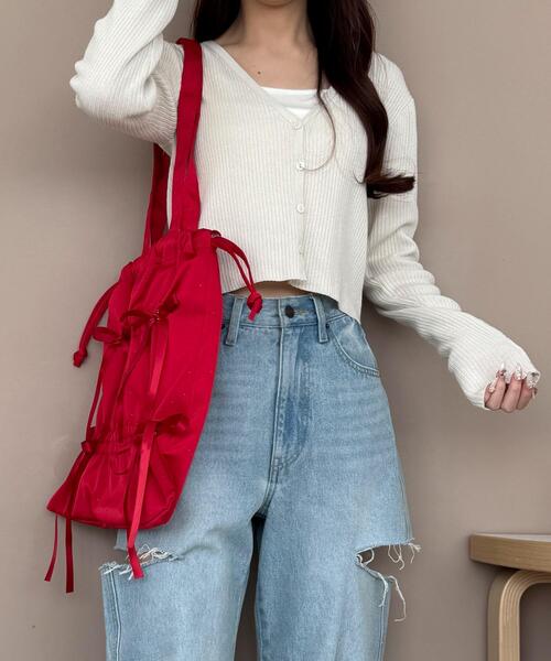 WEGO（ウィゴー）の「WEGO/ドロストリボンギャザートート（トートバッグ・レディース・スカイブルー/ブラック/ホワイト/レッド/ブラック系その他・FREE）」の9枚目の写真