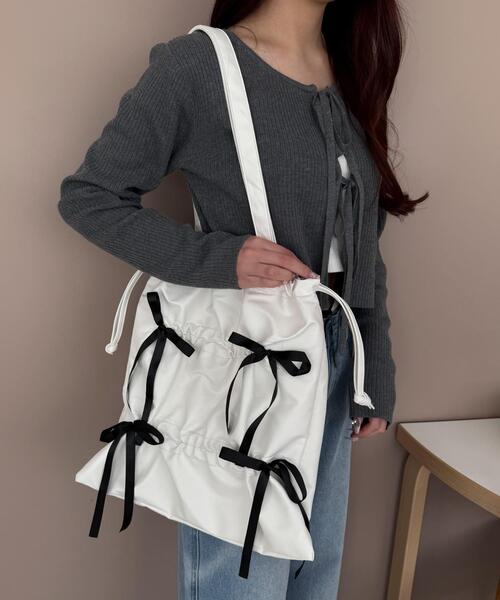 WEGO（ウィゴー）の「WEGO/ドロストリボンギャザートート（トートバッグ・レディース・スカイブルー/ブラック/ホワイト/レッド/ブラック系その他・FREE）」の10枚目の写真