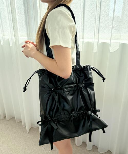 ストローリボントートバッグ 74-003-1 05 BLACK (Black)● トートバッグ 配色ドロストリボントートバッグ レディース