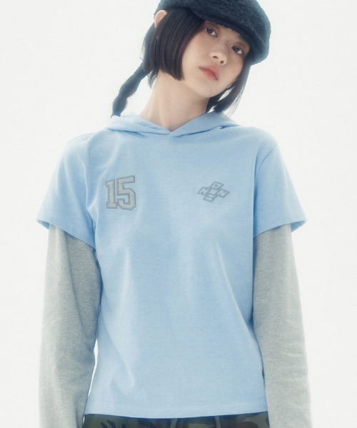 runningHIGH(ランニングハイ)の「A'GEM/9 × .kom 『runningHIGH/ランニングハイ』 LAYERED SLEEVE HOOD TEE/レイヤードスリーブフード長袖Tシャツ(Tシャツ/カットソー・レディース・ホワイト/ブルー/チャコールグレー・FREE)」の3枚目の写真