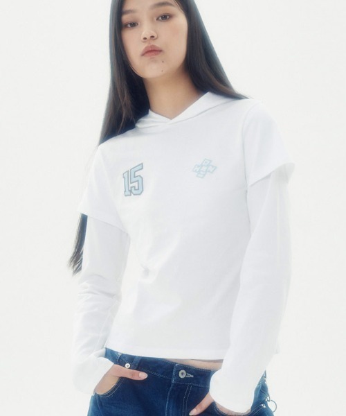 runningHIGH(ランニングハイ)の「A'GEM/9 × .kom 『runningHIGH/ランニングハイ』 LAYERED SLEEVE HOOD TEE/レイヤードスリーブフード長袖Tシャツ(Tシャツ/カットソー・レディース・ホワイト/ブルー/チャコールグレー・FREE)」の4枚目の写真