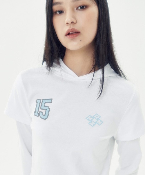runningHIGH(ランニングハイ)の「A'GEM/9 × .kom 『runningHIGH/ランニングハイ』 LAYERED SLEEVE HOOD TEE/レイヤードスリーブフード長袖Tシャツ(Tシャツ/カットソー・レディース・ホワイト/ブルー/チャコールグレー・FREE)」の5枚目の写真