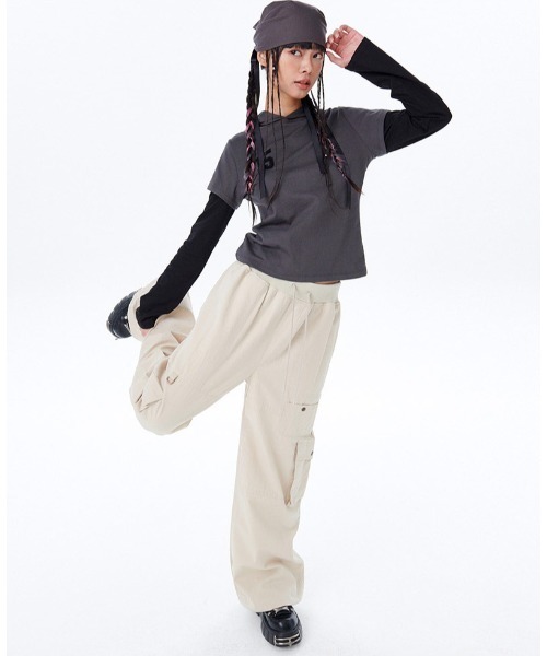 runningHIGH(ランニングハイ)の「A'GEM/9 × .kom 『runningHIGH/ランニングハイ』 LAYERED SLEEVE HOOD TEE/レイヤードスリーブフード長袖Tシャツ(Tシャツ/カットソー・レディース・ホワイト/ブルー/チャコールグレー・FREE)」の19枚目の写真