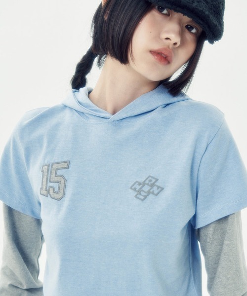 runningHIGH(ランニングハイ)の「A'GEM/9 × .kom 『runningHIGH/ランニングハイ』 LAYERED SLEEVE HOOD TEE/レイヤードスリーブフード長袖Tシャツ(Tシャツ/カットソー・レディース・ホワイト/ブルー/チャコールグレー・FREE)」の15枚目の写真