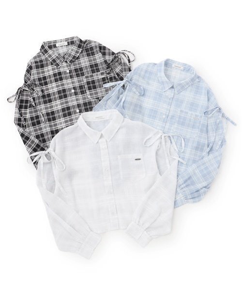 LOVETOXIC（ラブトキシック）の「チェックシアーシャツ（シャツ/ブラウス・キッズ・ブラック/オフホワイト/サックスブルー・M:150cm/S:140cm/L:160cm）」の4枚目の写真