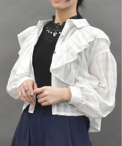 axes femme POETIQUE(アクシーズファムポエティック)の「シアーチェックフリルシャツ(シャツ/ブラウス・レディース・ブラック/グリーン/ホワイト・MEDIUM)」の2枚目の写真