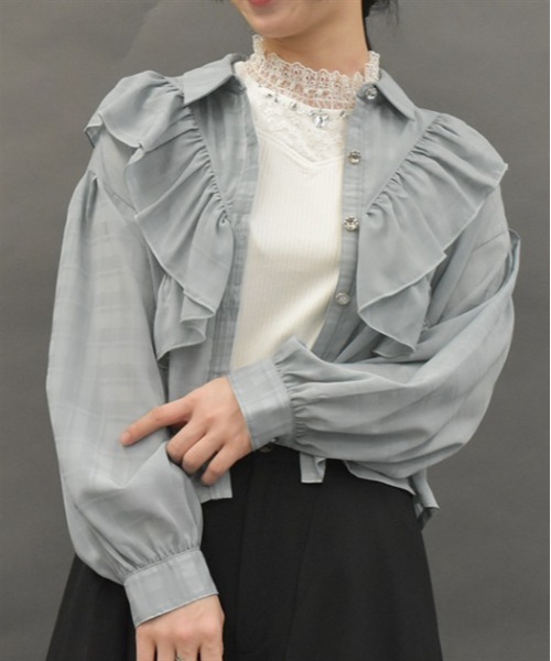axes femme POETIQUE(アクシーズファムポエティック)の「シアーチェックフリルシャツ(シャツ/ブラウス・レディース・ブラック/グリーン/ホワイト・MEDIUM)」の3枚目の写真