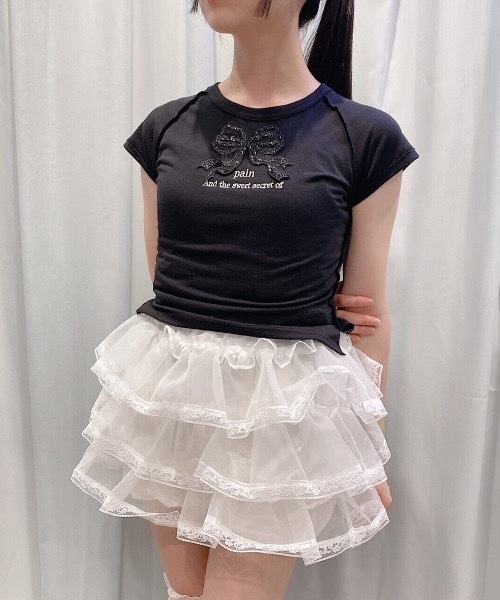 PAIN(ペイン)の「スパンコールリボンTシャツ(Tシャツ/カットソー・レディース・ホワイト/ブラック/ピンク・FREE)」の1枚目の写真