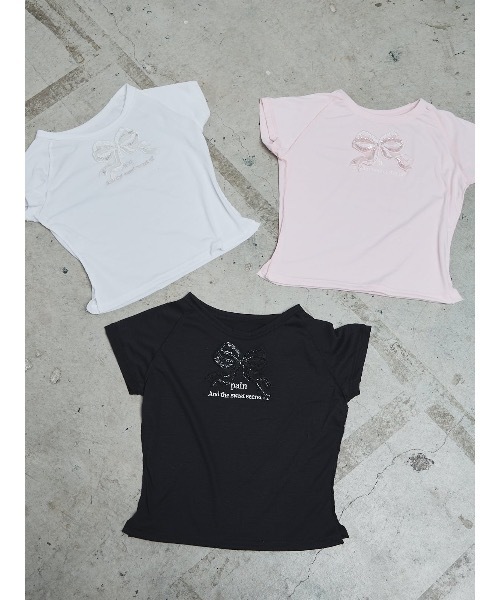 PAIN(ペイン)の「スパンコールリボンTシャツ(Tシャツ/カットソー・レディース・ホワイト/ブラック/ピンク・FREE)」の4枚目の写真
