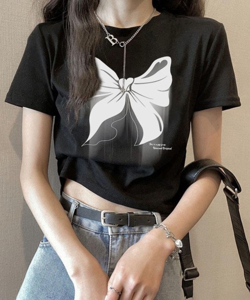 SPIGA（スピーガ）の「リボンプリント半袖ミニＴシャツ（Tシャツ/カットソー・レディース・ホワイト/ブラック・SMALL/MEDIUM/LARGE/X-LARGE）」の2枚目の写真