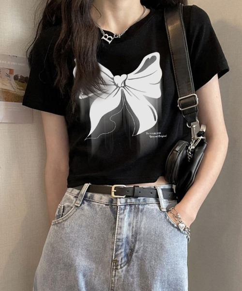SPIGA（スピーガ）の「リボンプリント半袖ミニＴシャツ（Tシャツ/カットソー・レディース・ホワイト/ブラック・SMALL/MEDIUM/LARGE/X-LARGE）」の3枚目の写真