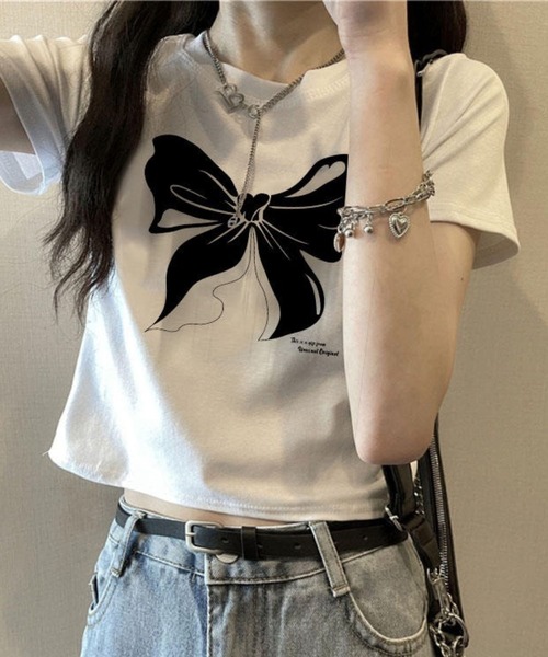 SPIGA（スピーガ）の「リボンプリント半袖ミニＴシャツ（Tシャツ/カットソー・レディース・ホワイト/ブラック・SMALL/MEDIUM/LARGE/X-LARGE）」の4枚目の写真