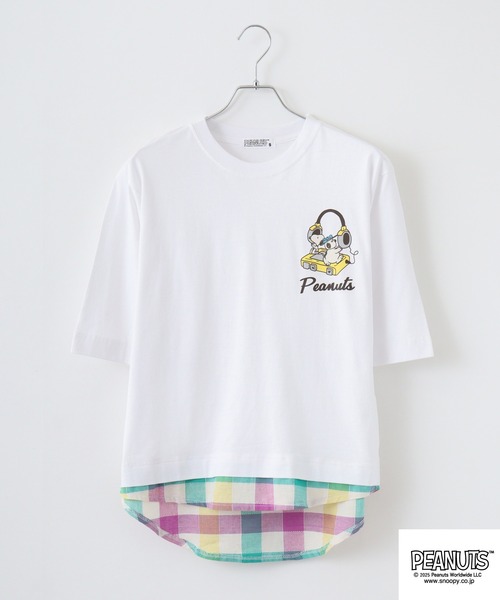 PEANUTS(ピーナッツ)の「PEANUTS ヘッドフォン柄プリントレイヤード風Tシャツ(Tシャツ/カットソー・メンズ・ホワイト/ブラック/杢グレー・S/M/L)」の1枚目の写真