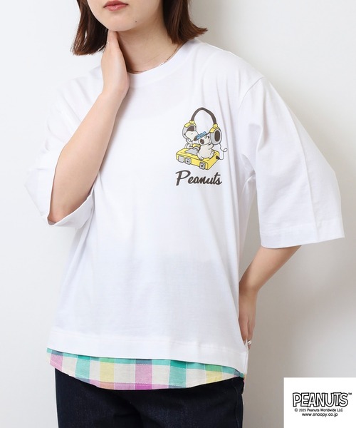 PEANUTS(ピーナッツ)の「PEANUTS ヘッドフォン柄プリントレイヤード風Tシャツ(Tシャツ/カットソー・メンズ・ホワイト/ブラック/杢グレー・S/M/L)」の14枚目の写真