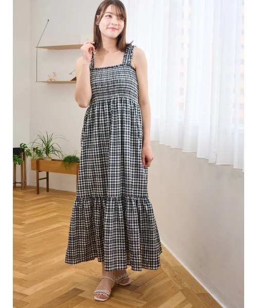 LUDIC PARK(ルディックパーク)の「ギンガムチェック柄シャーリングキャミワンピース(ワンピース・レディース・グリーン/ブラック・M)」の10枚目の写真