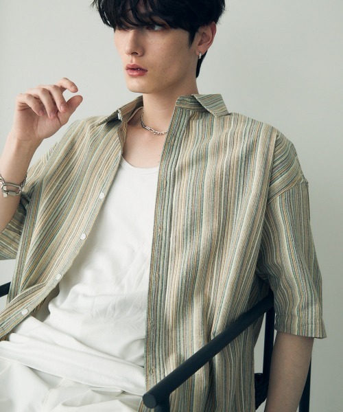 Shoowtime(ショウタイム)の「Over size retro stripe shirt / オーバーサイズレトロ配色ストライプシャツ(シャツ/ブラウス・メンズ・ベージュ系/ブルー系・X-LARGE/LARGE/MEDIUM)」の1枚目の写真