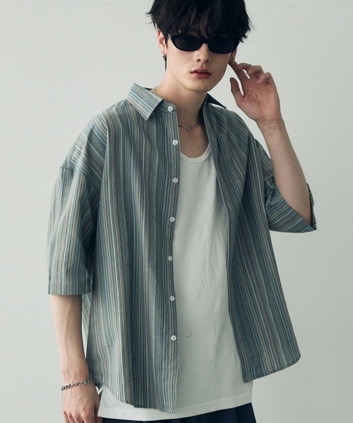 Shoowtime(ショウタイム)の「Over size retro stripe shirt / オーバーサイズレトロ配色ストライプシャツ(シャツ/ブラウス・メンズ・ベージュ系/ブルー系・X-LARGE/LARGE/MEDIUM)」の2枚目の写真