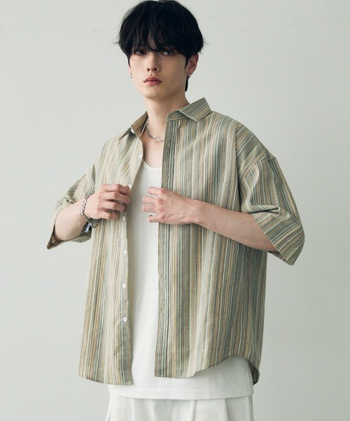 Shoowtime(ショウタイム)の「Over size retro stripe shirt / オーバーサイズレトロ配色ストライプシャツ(シャツ/ブラウス・メンズ・ベージュ系/ブルー系・X-LARGE/LARGE/MEDIUM)」の3枚目の写真